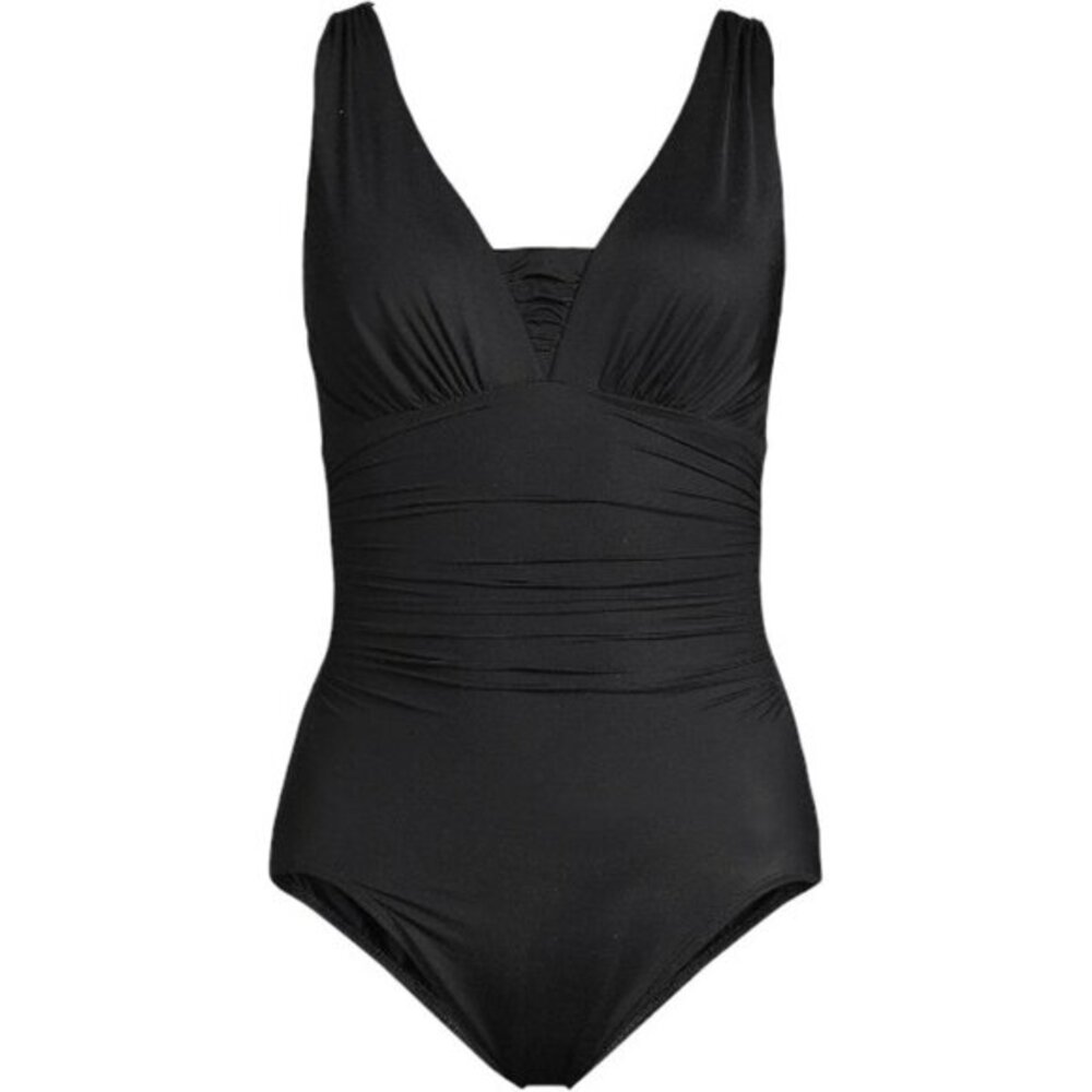 Plus Size Lands' End Black Slender Swimsuit Grecian Ruched Size 16 EUC #5164